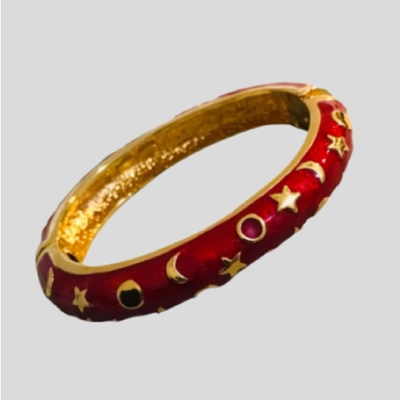 “Kenneth Jay Lane” red enamel with gold stars, moons bangles bracelet cuff - Picture 6 of 8
